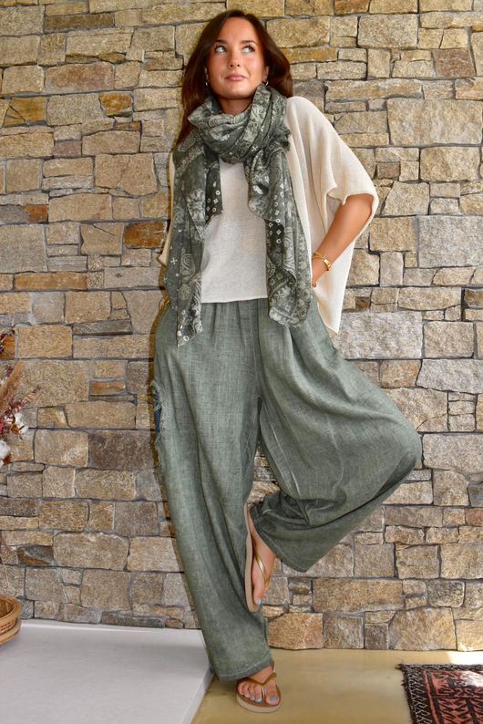 Lindin Linen Blend Crochet Flower Barrel Pant Washed Khaki
